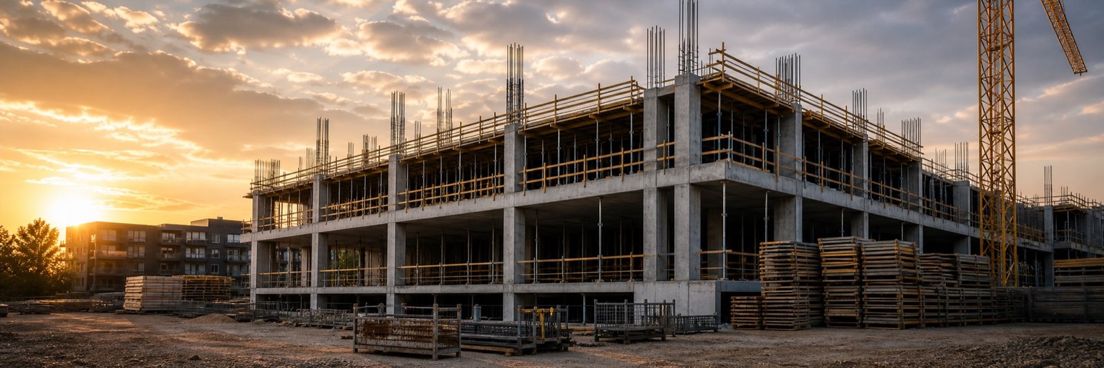 Rohbauprojekt im Abendlicht